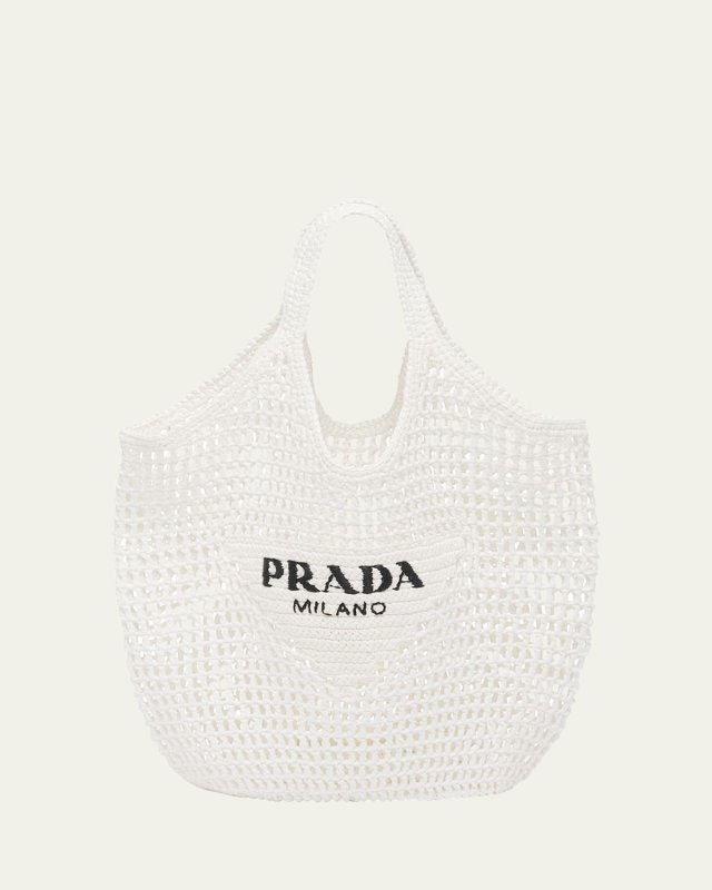 Triangle Logo Net Raffia Shopper Tote Bag